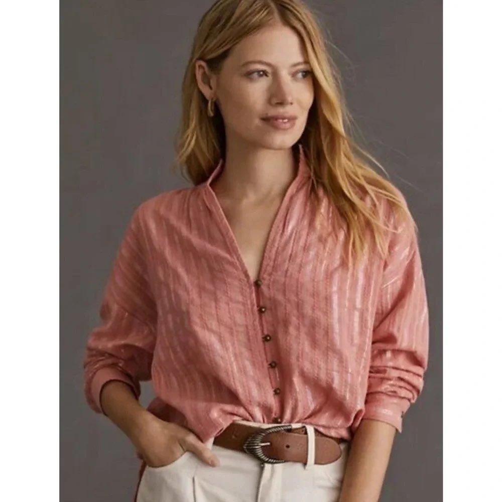 Anthropologie Pilcro Womens Tavi Blouse Pink Metallic Button Up Boho Peasant